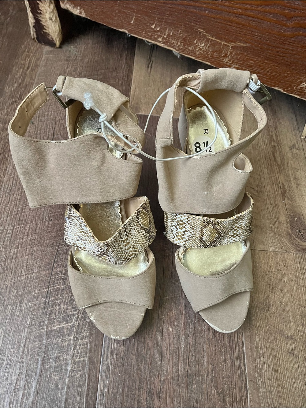 Beige Snakeskin Accent Ankle Strap Sandals